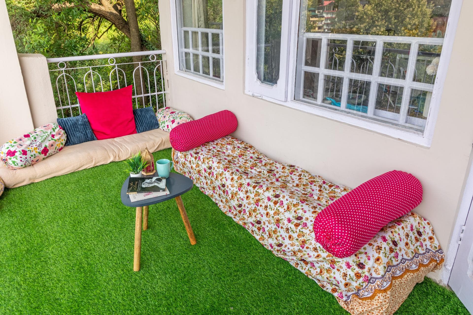 A cozy balcony with homely seatings at our homestay near Shimla