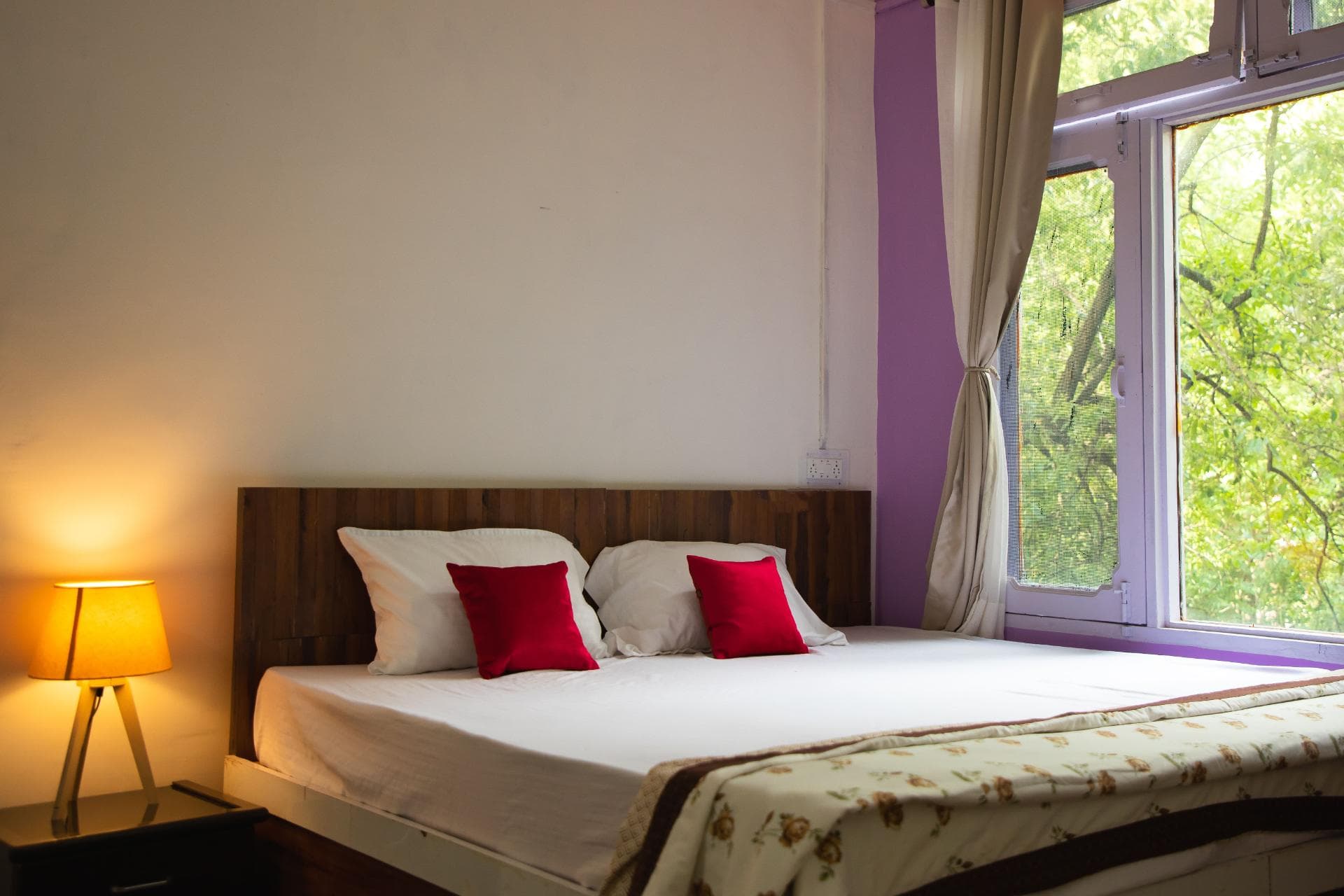 Bedroom with a large window offering orchid garden views at Mohija Homestay near Shimla